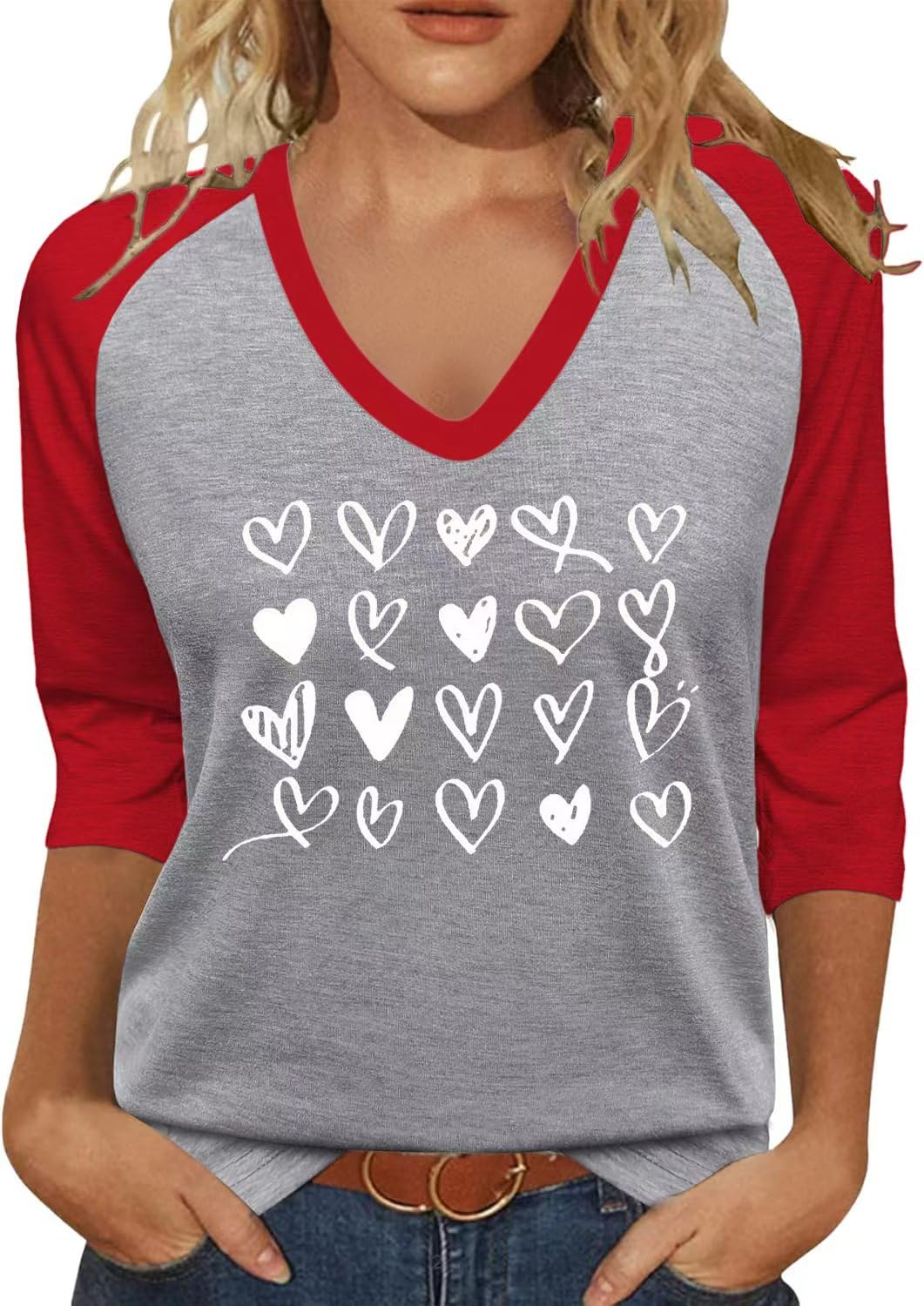 Vircreate Womens 3/4 Sleeve V Neck T-Shirts Valentina's Day Spring Shirts Love H