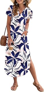 MISFAY Summer Maxi Dress for Women Casual Short Sleeve V Neck Loose Split Beach Maxi Dress