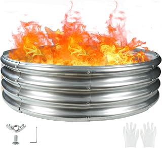 TBMLC 48" Round Galvanized Steel Fire Ring Pit/Raised Garden Bed Kit | 4 FT Diameter,1 FT High, Made of Galvanized Steel Wave-Shaped,0.8 MM Thick,Folded Edges and Round Corner,Gloves Included