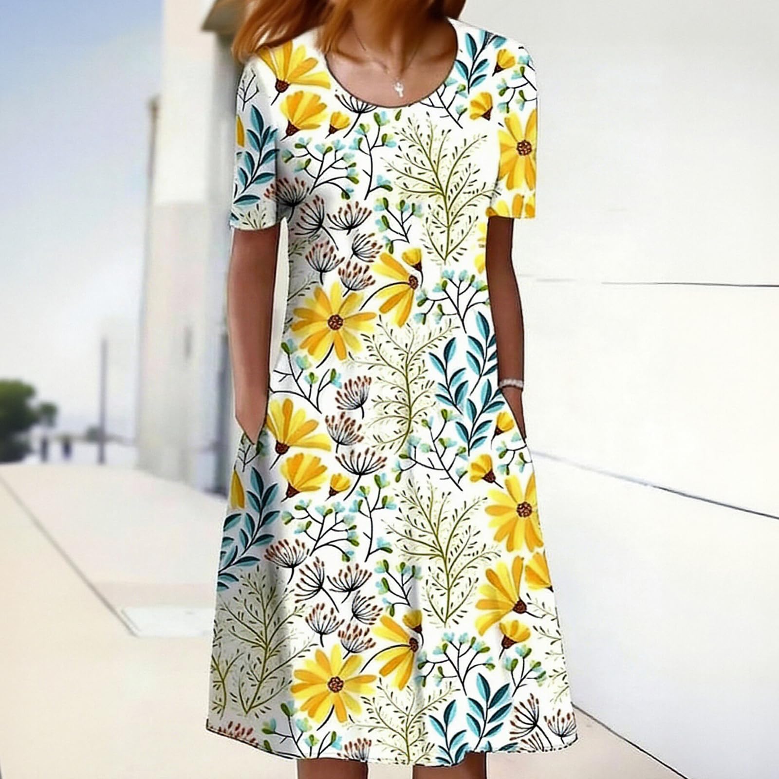 Womens Floral Print Half Sleeve Round Neck Pocket Midi Dress
