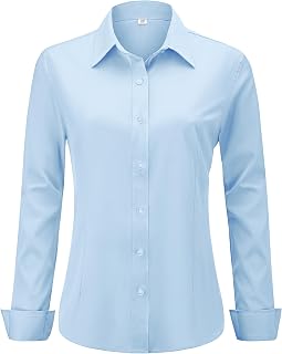 hearain Soft Wrinkle-Free Women's Button Down Dress Shirts Solid Long Sleeve Work Blouses Fit Stretch Casual Tops XXS-6XL