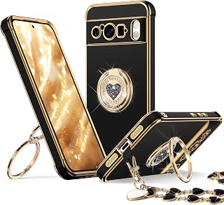 XYZ for Pixel 8 Pro Case with Stand, for Google Pixel 8 Pro Phone Case with Double Ring, Women Girl Cute Love-Heart Luxury Bling Protective Case for Google Pixel 8 Pro, Black