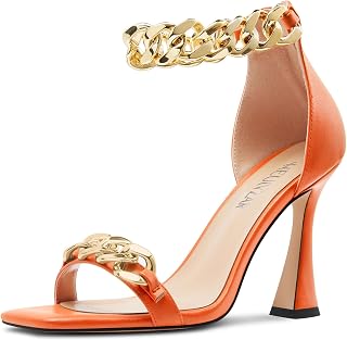 HEUIVZAR Women's High High Kitten Heel Square Toe Sandals Ankle Strap Zipper Metal Chain Wedding Dress 10 CM Heels