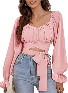 Rooscier Women's Ruched Wrap Square Neck Flounce Long Sleeve Self Tie Crop Top Blouse
