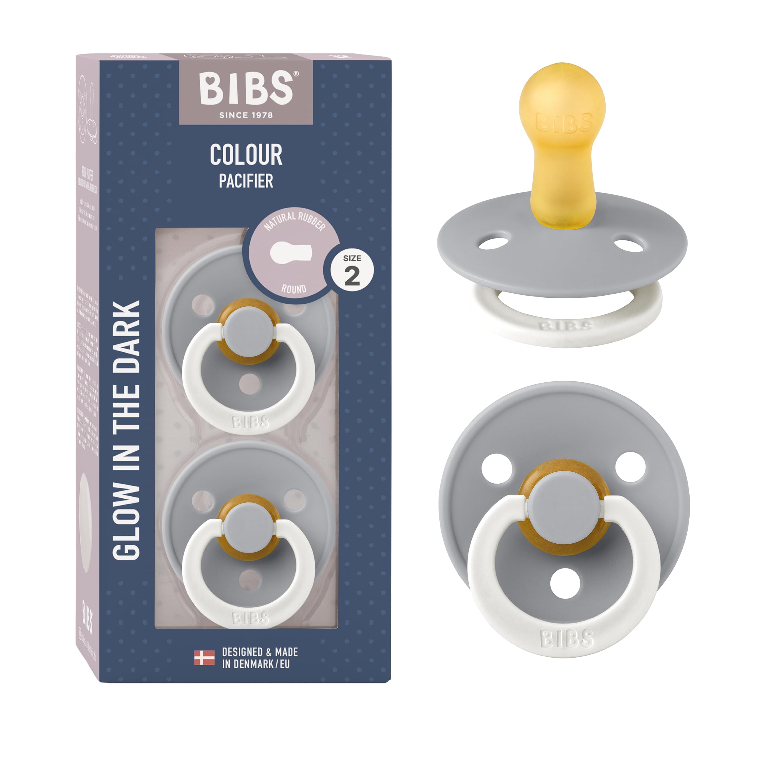 BIBS Colour Glow Pacifiers | Set of 2 BPA-Free Latex Baby Pacifiers | Round Nipp