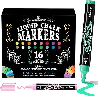 WINSONS Liquid Chalk Pens 16 Colours, Eraserble Whiteboard Markers, 6mm Tip | Non-Toxic, High Ink Capacity, No Residue, Works on Bistro/Mirror/Glass/Window/Car