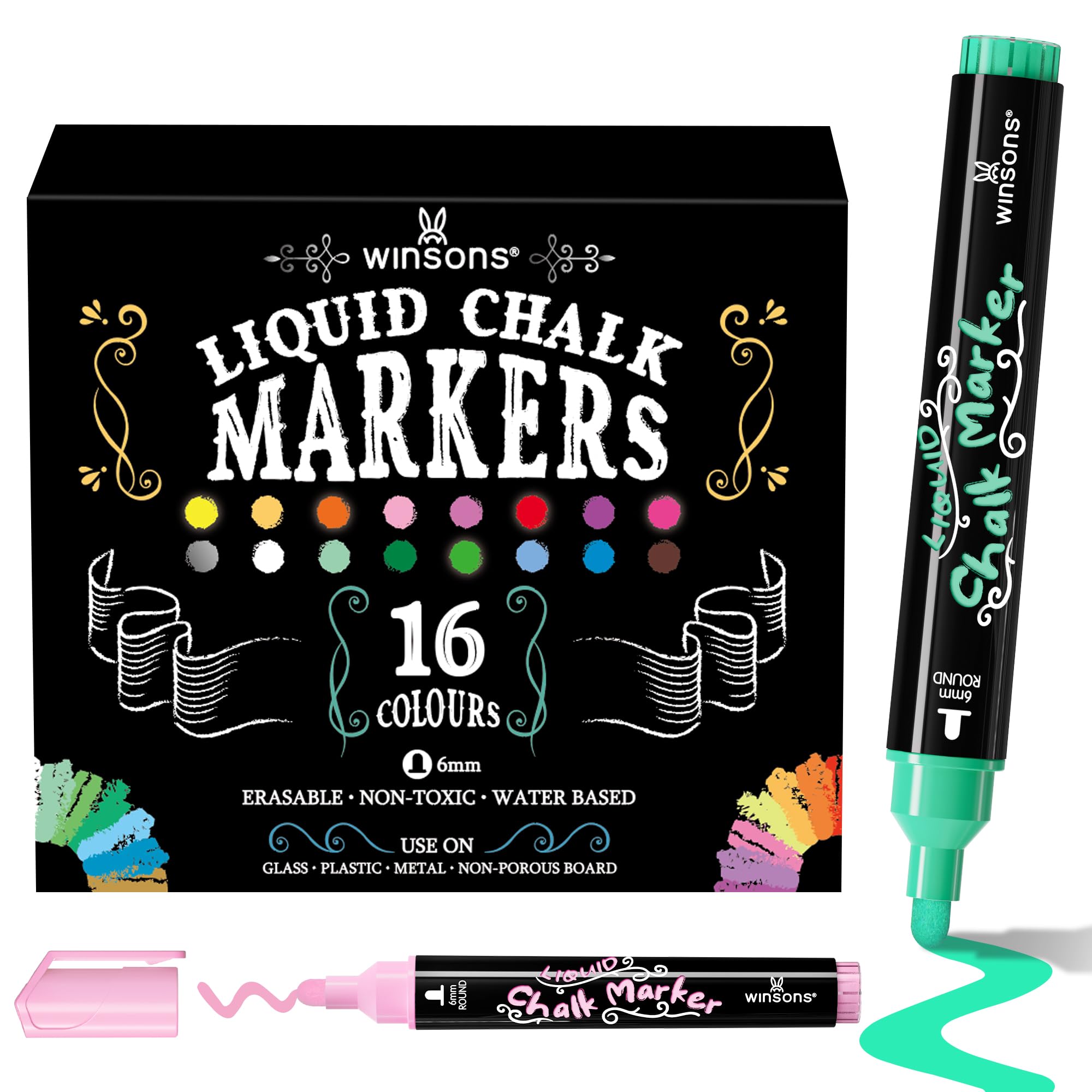 WINSONS Liquid Chalk Pens 16 Colours, Eraserble Whiteboard Markers, 6mm Tip | No