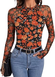 Zeagoo Long Sleeve Shirts for Women Floral Mesh Sheer Top Mock Neck Double Lined Fitted Going Out Blouses