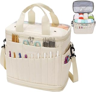 Expandable Crochet Bag,Anti-Tangle Yarn Storage Organizer, Durable Knitting Project Bags for Crocheting Accessories, Portable Travel Yarn Bag for Knitters &amp; Crocheters.ldeal Gift for Women(khaki)