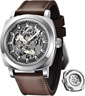 BENYAR - Men's Automatic Mechanical Watch - Leather Strap - Gold Movement - 45mm Skeleton Dial - Water Resistant and Scratch Resistant - Stylish Gift for Men