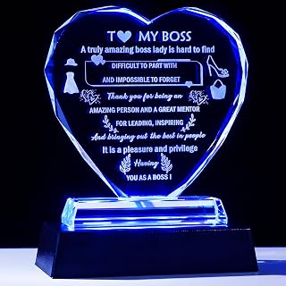 YWHL Boss Lady Gifts for Women with LED Base Crystal Heart Boss Female Appreciation Gifts on Boss Day Christmas Birthday Best Retirement Farewell Thank You Gift for Boss Leader Supervisor