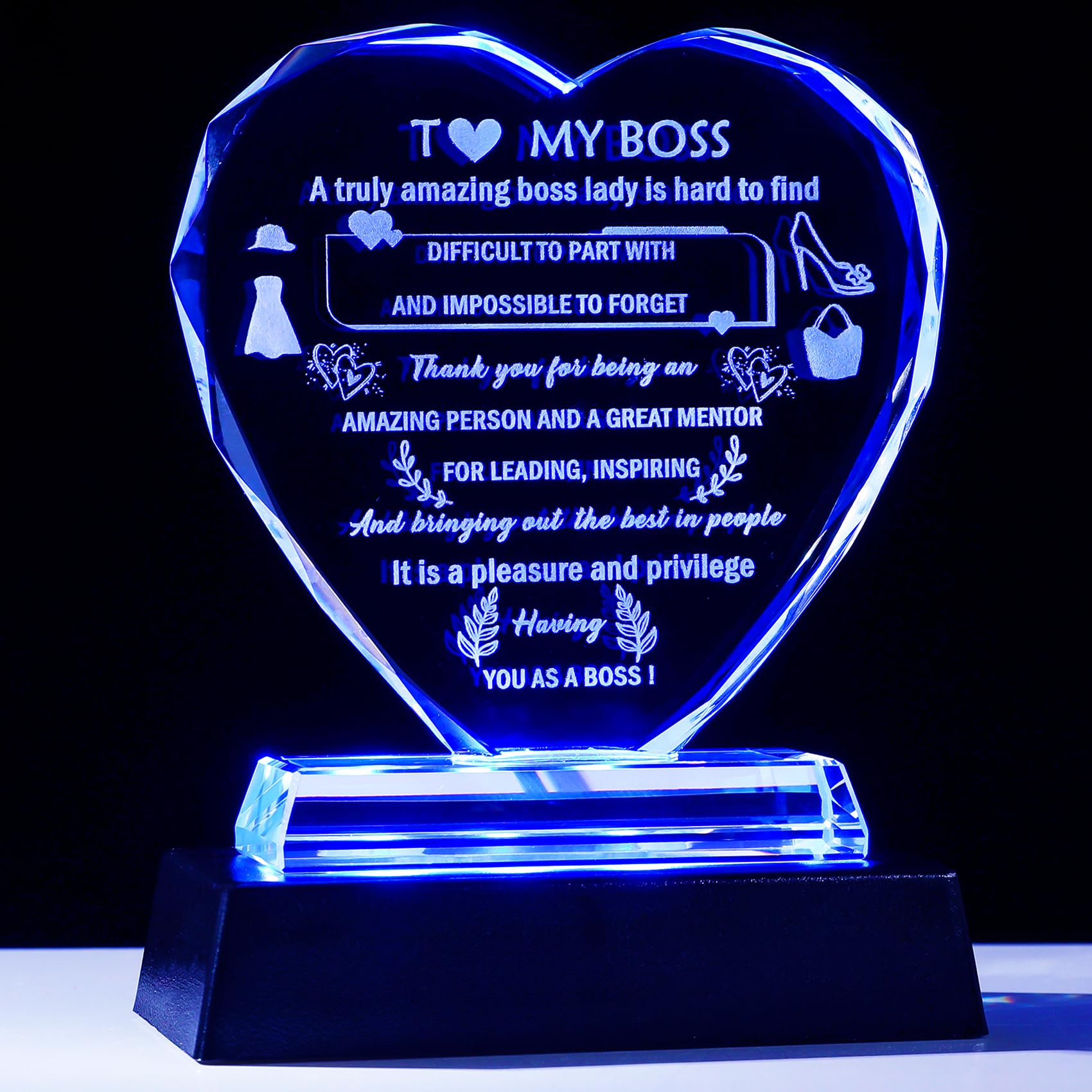 YWHL Boss Lady Gifts for Women with LED Base Crystal Heart Boss Female Appreciat