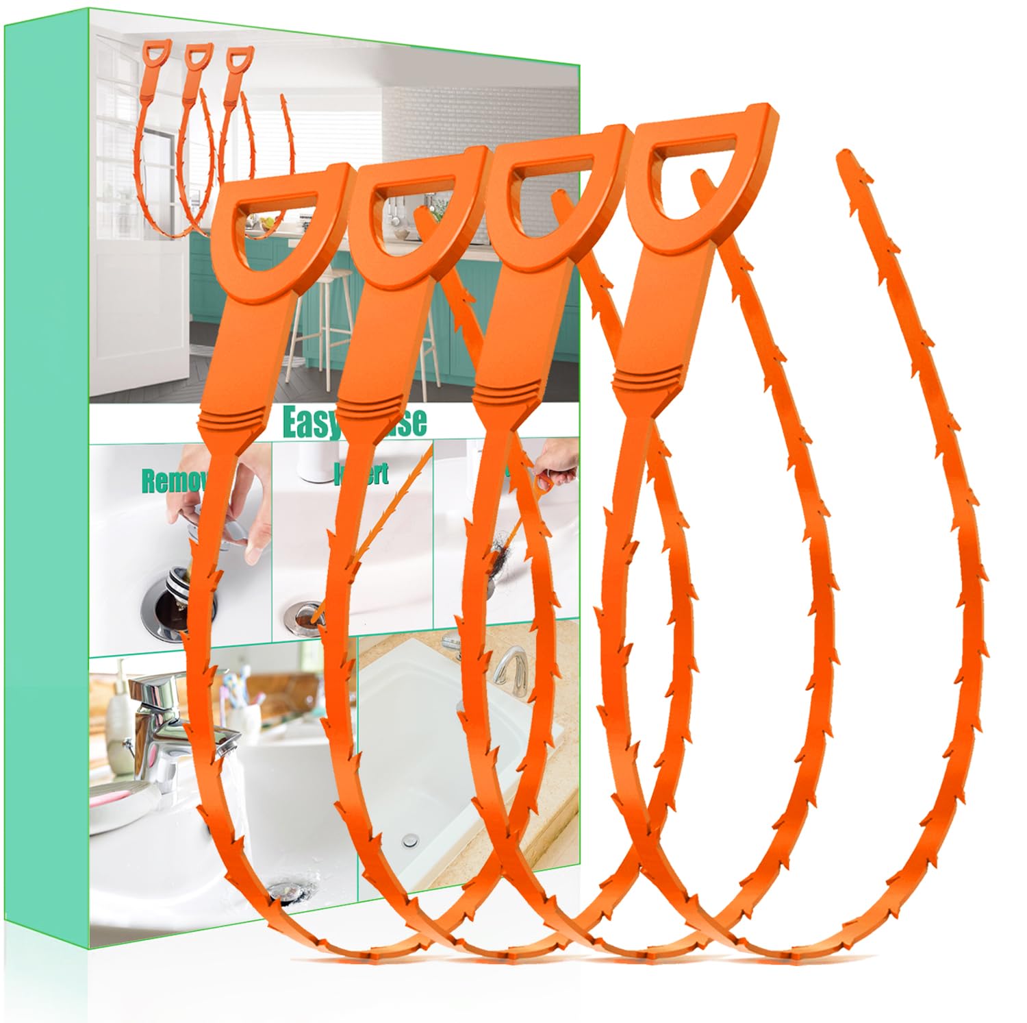 LUTICO Drain Snake Hair Clog Remover, Sink & Shower, 4 Pack, Orange | Easy-to-us