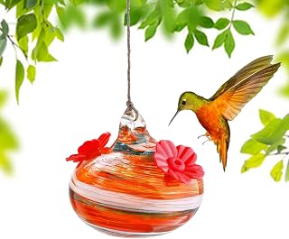 Hand Blown Glass Small Hummingbird Feeder, Outdoor Hanging Ornament with 2 Feeding Holes, Garden, Patio, Window Decoration