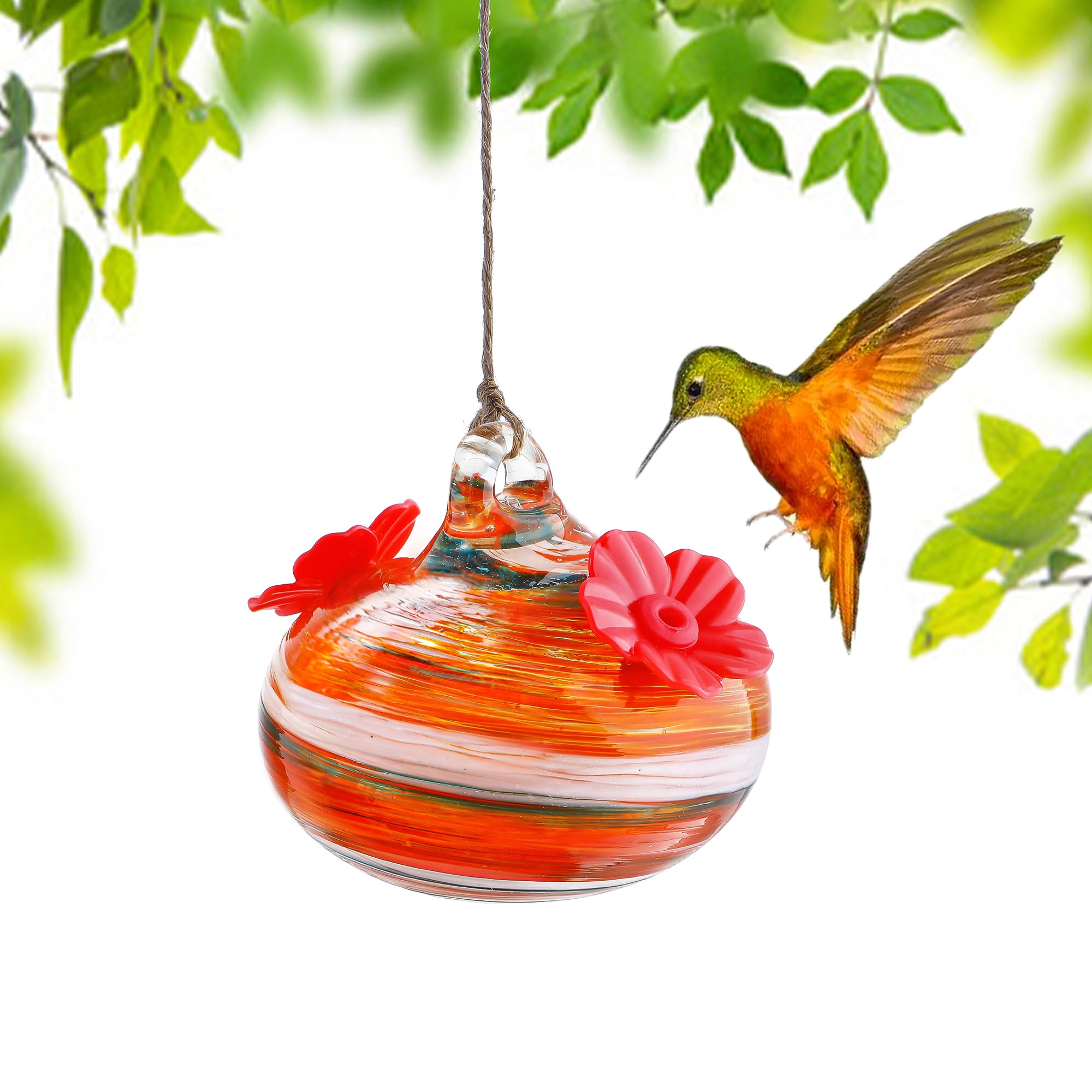 Hand Blown Glass Small Hummingbird Feeder, Outdoor Hanging Ornament with 2 Feedi