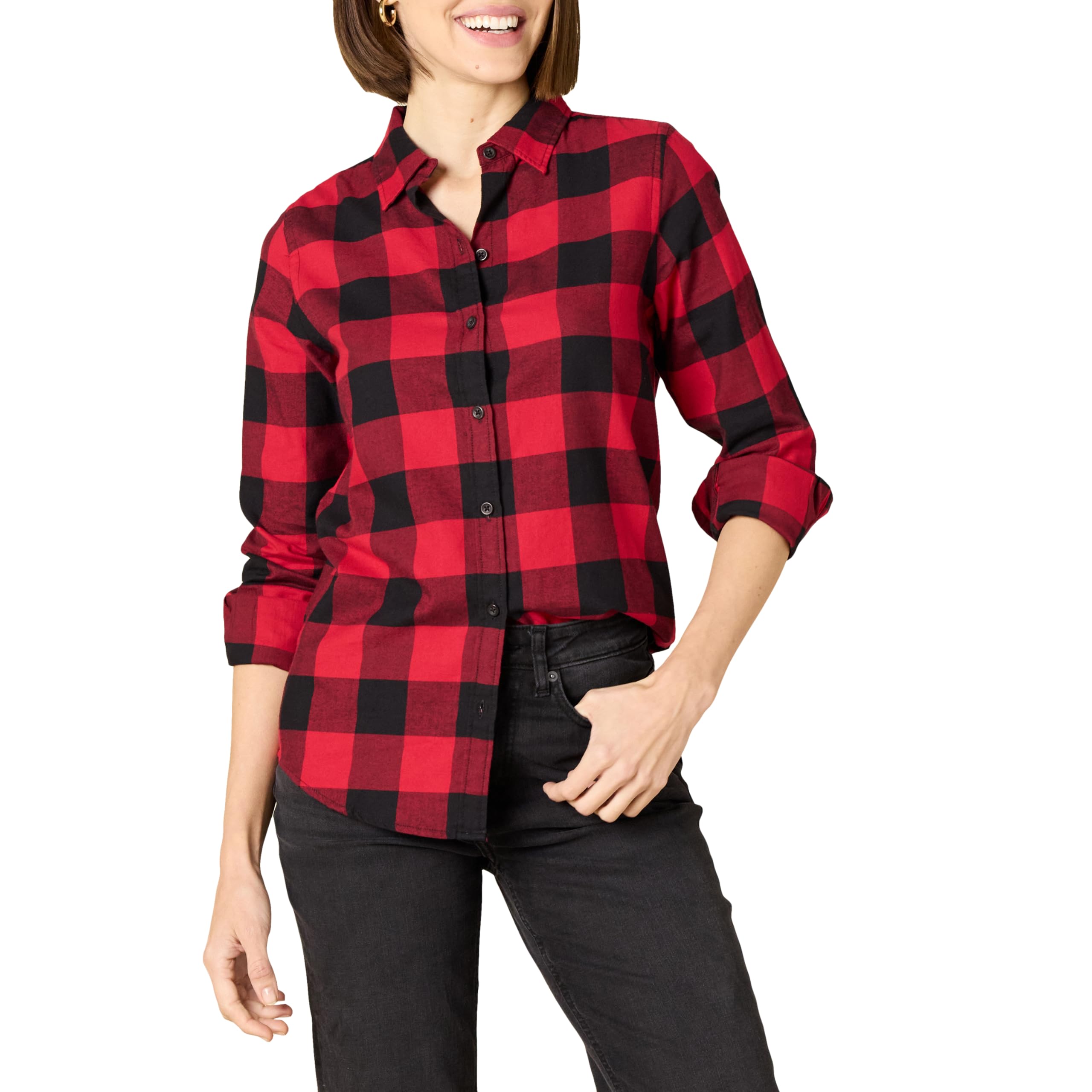 Amazon Essentials Women's Regular-Fit Long-Sleeve Lightweight Plaid Flannel Shir