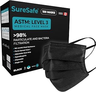 ASTM Level 3 Face Masks Black, 3-Ply Disposable, 100 Pack | Fluid-resistant outer layer, breathable inner comfort; adjustable nose wire, soft ear loops; adult everyday, workplace use