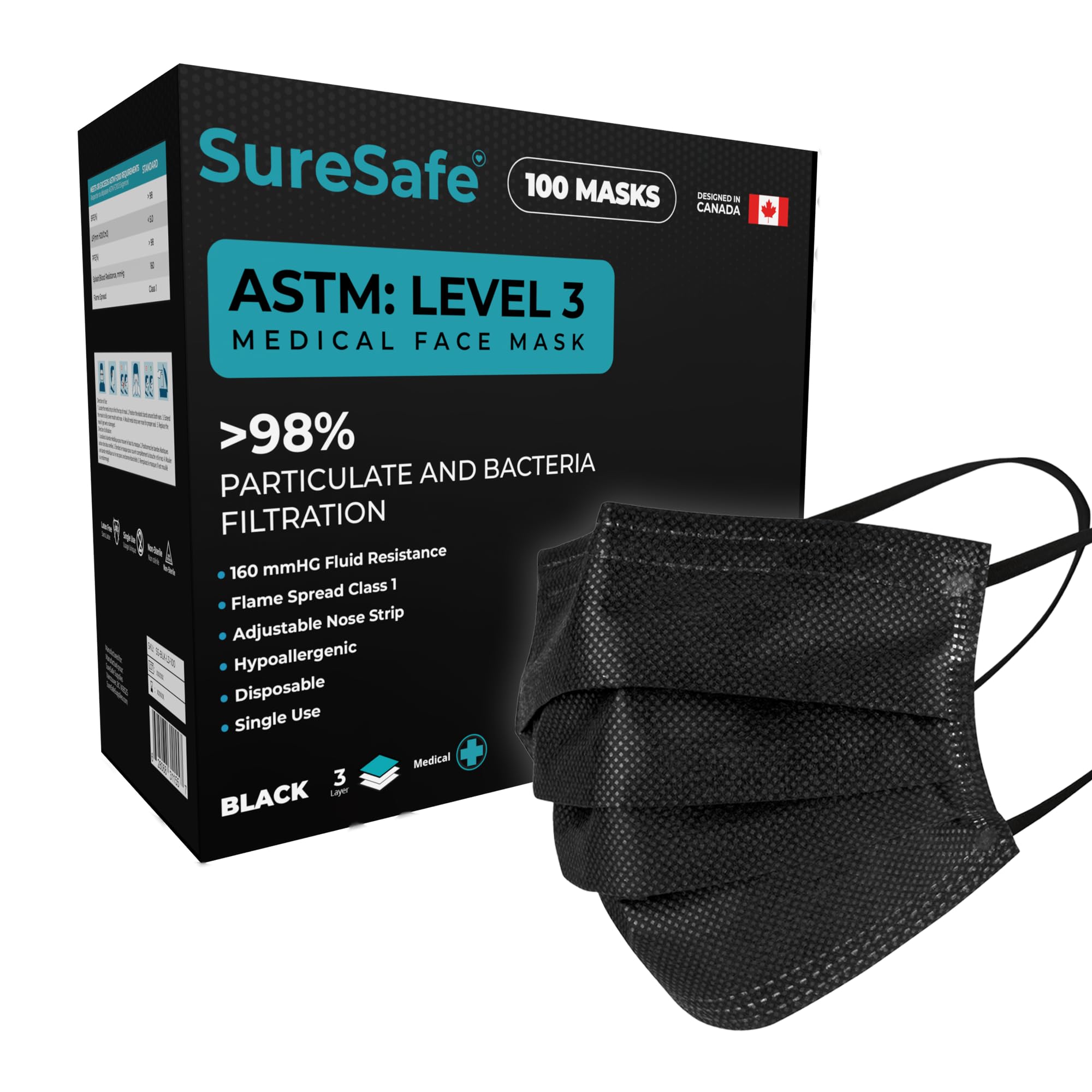 ASTM Level 3 Face Masks Black, 3-Ply Disposable, 100 Pack | Fluid-resistant oute