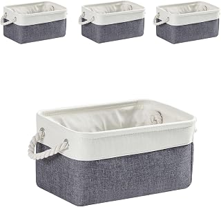 Mangata Small Storage Box set of 4, Foldable Fabric Storage Baskets with Handles for Cupboards, Wardrobe, Shelves, Clothes, Toys, Towel, Bathroom(Cold Grey White)
