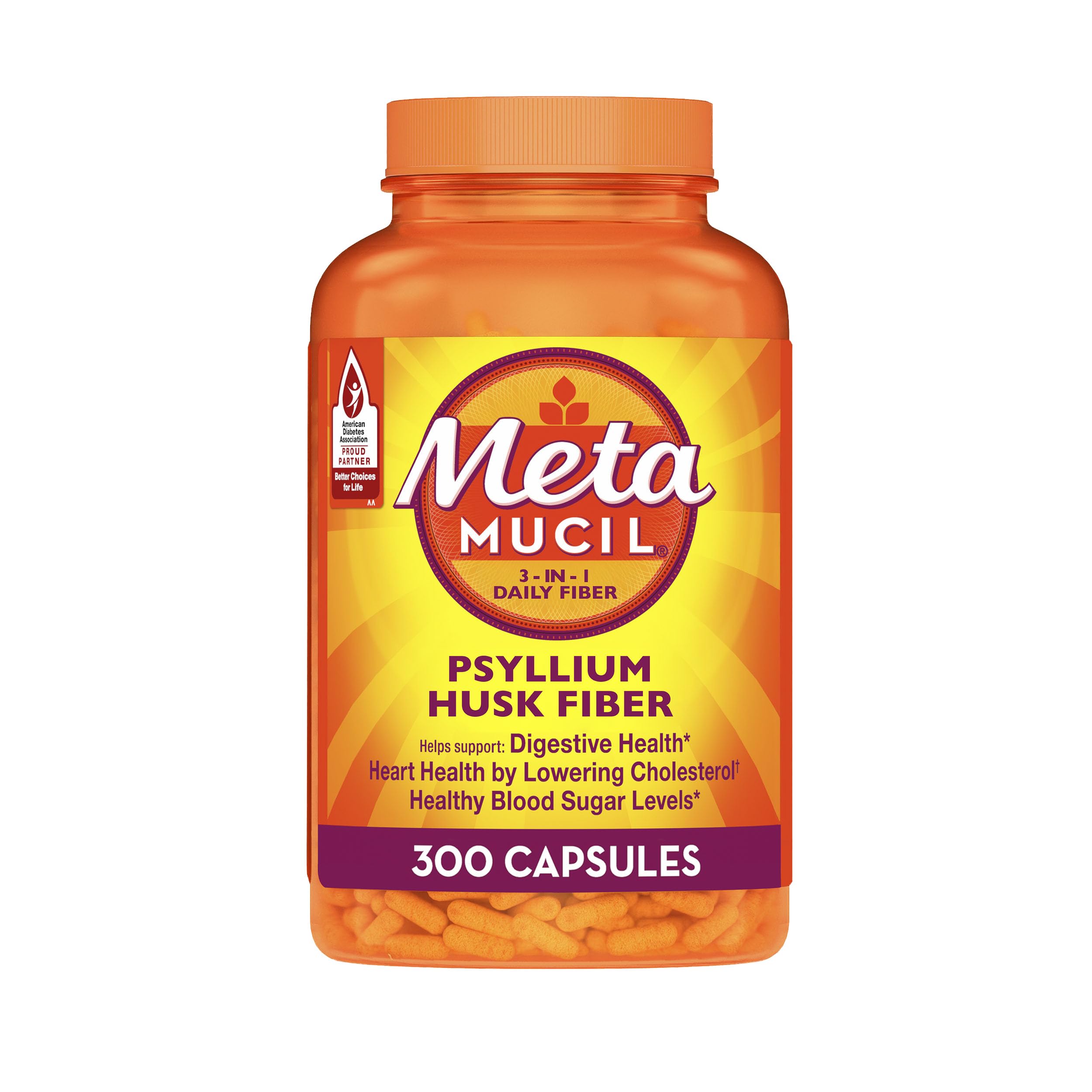 Metamucil, Psyllium Husk GLP-1 Friendly Fiber Capsules, 300 Capsules, 3-in-1 Fib