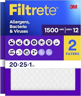 Filtrete 20x25x1 Air Filter, MERV 12, MPR 1500, 2 HVAC Filters | Allergens, Bacteria & Viruses, 3-Month AC/Furnace Filters, Cleaner Air, Reliable Airflow, (Act. Size 19.62x24.62x0.78 in)