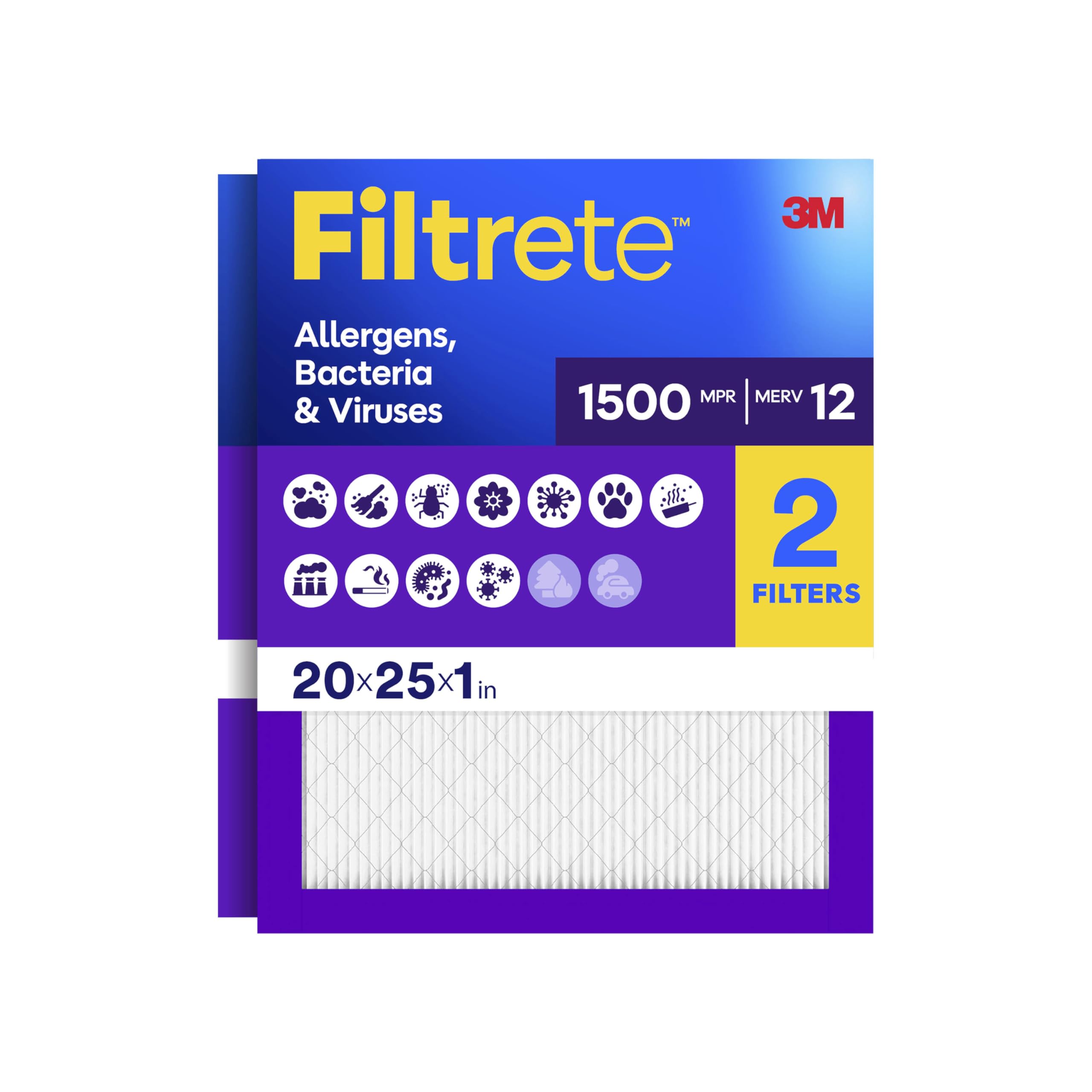 Filtrete 20x25x1 Air Filter, MERV 12, MPR 1500, 2 HVAC Filters | Allergens, Bact