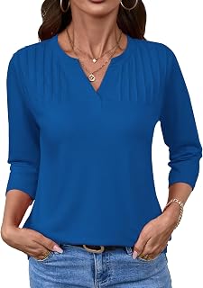 LOMON Top da donna con maniche a 3/4 con scollo a V Camicette casual eleganti camicie a tunica plissettate alla moda estate autunno 2025