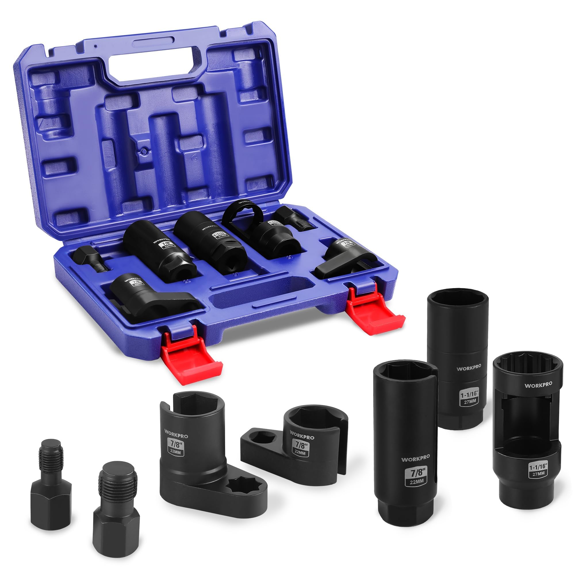 WORKPRO 7PCS O2 Oxygen Sensor Socket, 3/8" 1/2" Drive | 1-1/16" 7/8" 27mm 22mm O