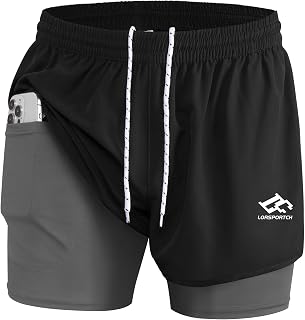 Men's 2 in 1 Running Shorts Men's Fitness Shorts Outdoor Marathon Training Shorts with Built-in Pockets