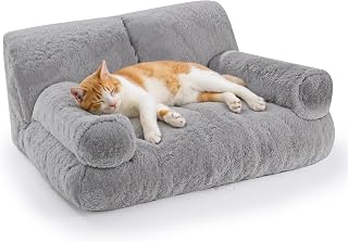 Gimars Upgrade Large Cat Couch Bed-Added 10% More Stuff Sponge, Orthopedic Pet Beds with Bolstered Edges, Fluffy Washable Cat Beds for Indoor with Removable Cover, Anti Slip Base, Grey