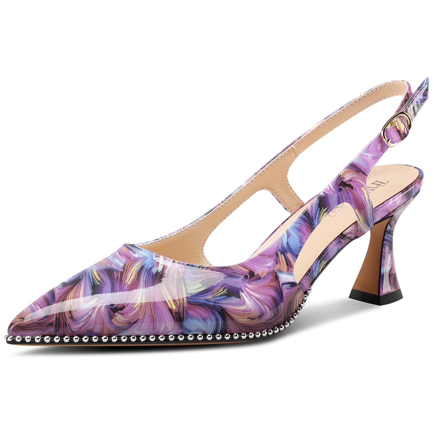 TNYNFBEB Women's Kitten Heel Pointed Toe Pumps Sliver Beaded Slingback Slip-on B