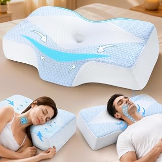 Mkicesky Cervical Pillow for Neck Support, Ergonomic Memory Foam Contour Bed Pillow for Side, Back Sleepers, 2 Height Options, Cooling Washable Cover, Shoulder-Friendly Design - Reading Pillow