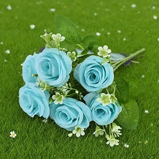 1 Bunch of 6 Artificial Silk Roses Small Bouquet Flowers for Home Party Spring Wedding Decoration (Blue)