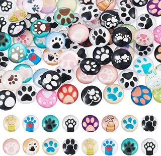 Craftdady 70Pcs Glass Cat Dog Paw Print Cabochons Pet Gift for Pendant | Animal Footprint Cute Pet Paw Cabochon Half Round with Mixed Patterns Mosaic Tiles for Pendant Earring Necklace Jewelry