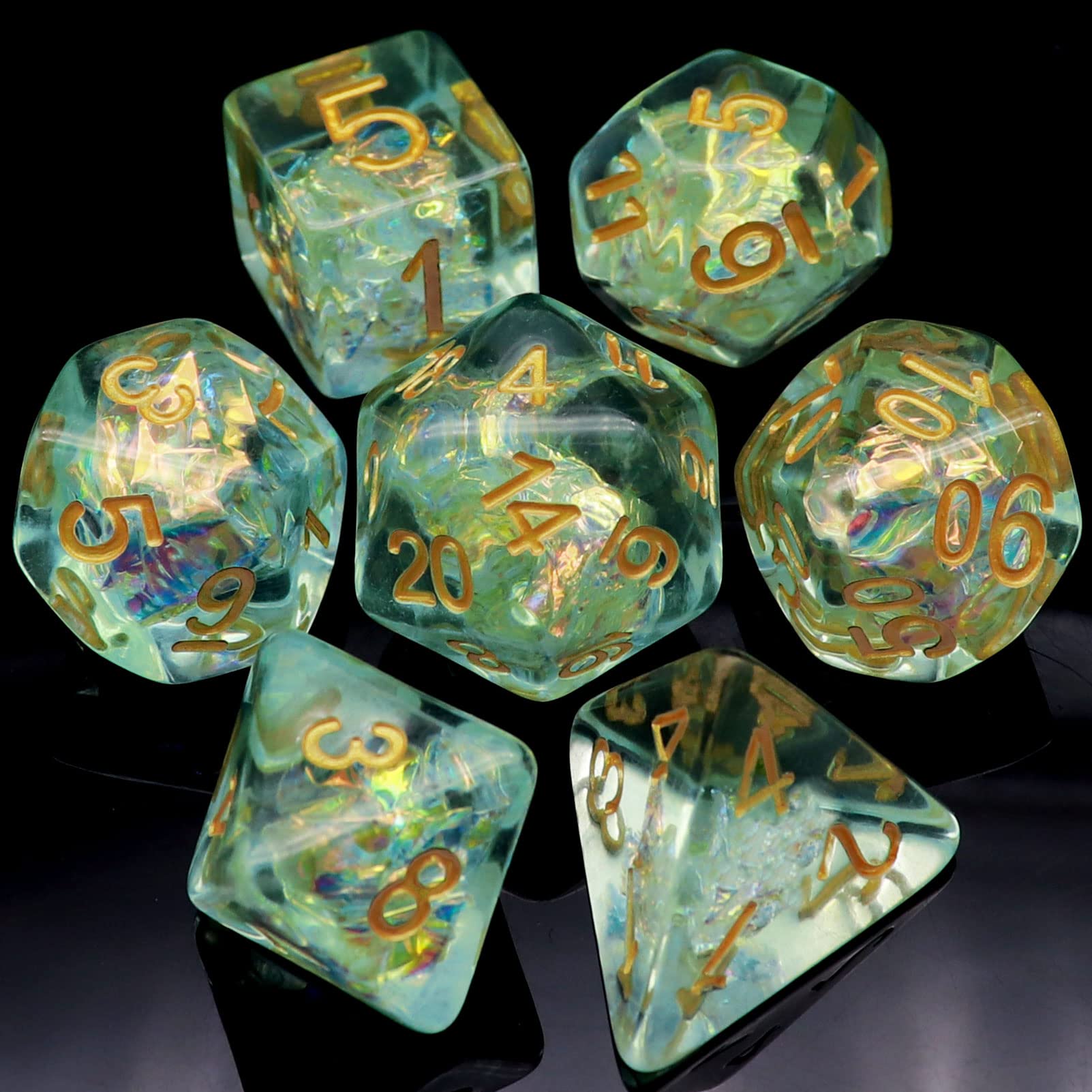 Haxtec Light Green DND Dice Set, 7-Piece Resin Polyhedral RPG Dice | Iridescent 