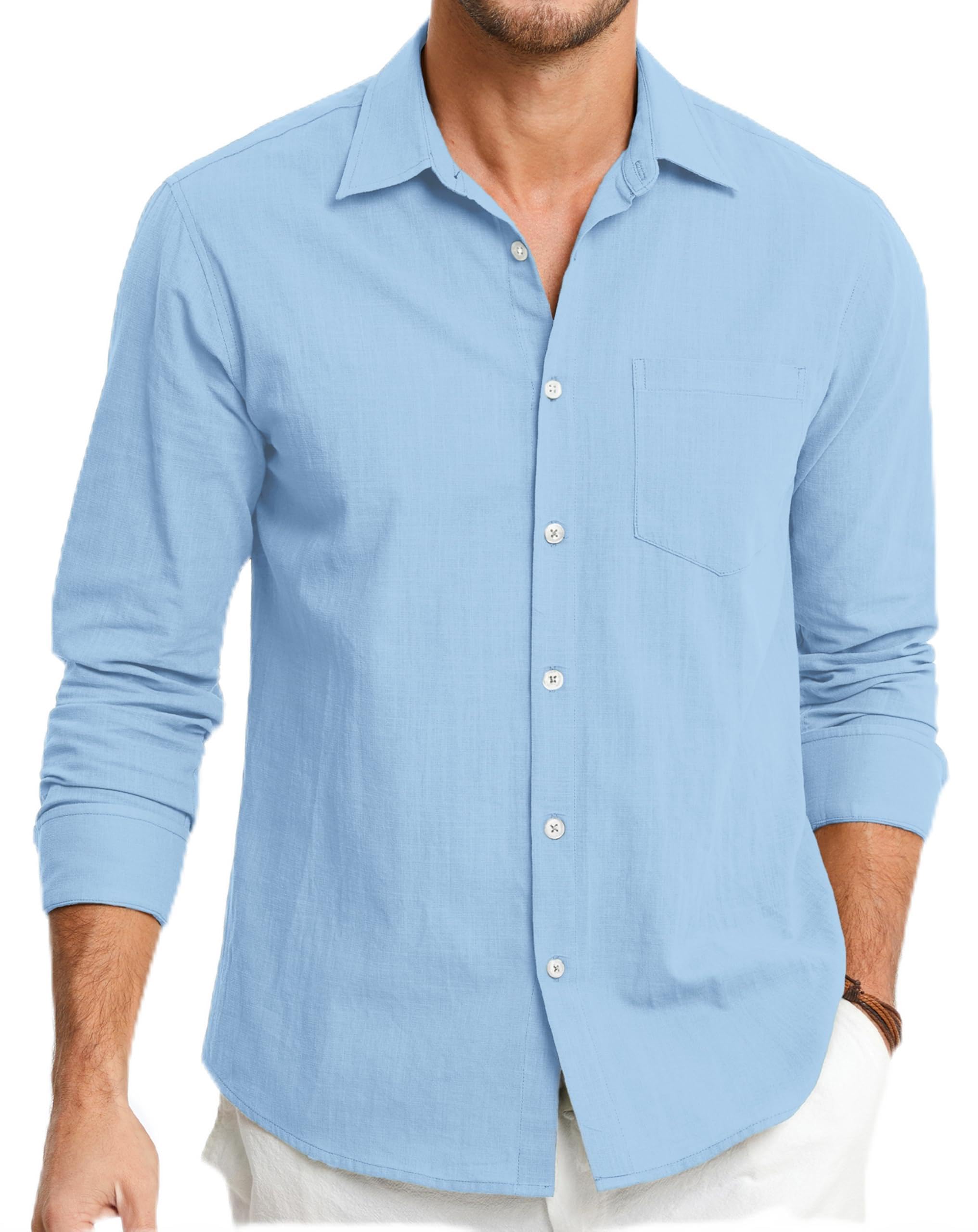 HISDERN Men's Linen Cotton Shirts Long Sleeve Lightweight Regular Fit Solid Butt