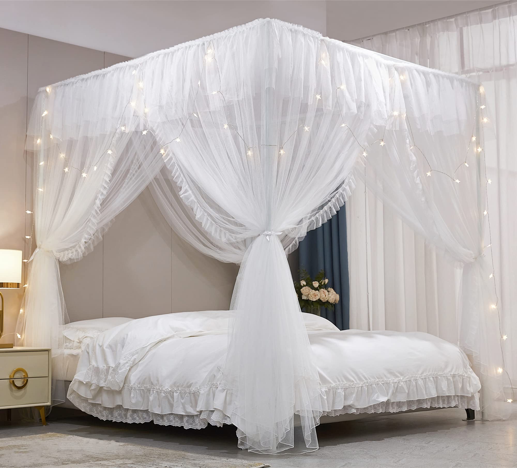 VETHIN 4 Corners Post Ruffle Princess Bed Canopy Curtain-Double Layer Cozy Drape
