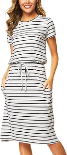 Simier Fariry Womens Summer Hide Belly Knee Length Travel Dress Pocket Short Sleeve Midi Work Casual Outfits