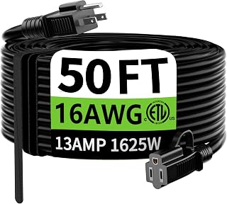 HUANCHAIN Indoor Outdoor Black Extension Cord 50 FT Waterproof 16/3 Gauge | 16 AWG 50 Foot 3 Prong Extension Cord with Hook, Appliance Extension Cord Waterproof with Strap, 13A 1625W SJTW, ETL Listed