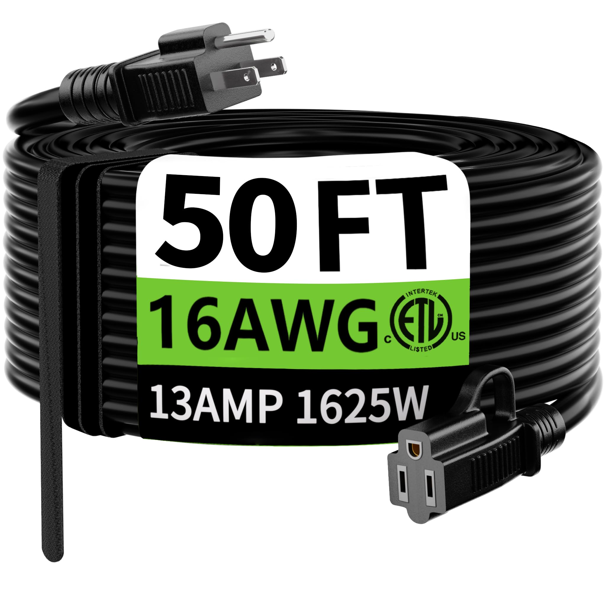 HUANCHAIN Indoor Outdoor Black Extension Cord 50 FT Waterproof 16/3 Gauge | 16 A