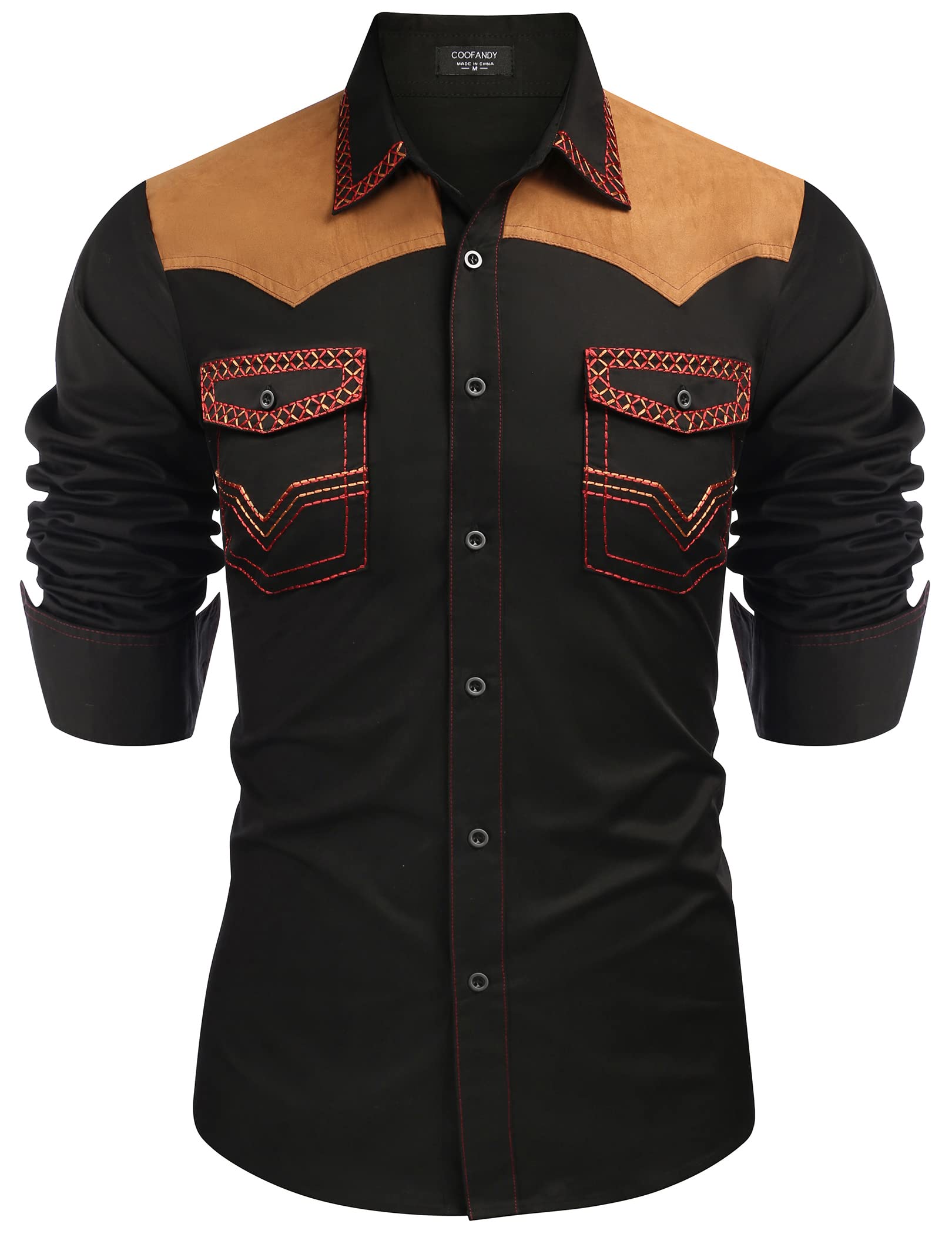 COOFANDY Men's Western Cowboy Shirt Embroidered Long Sleeve Slim Fit Casual Cott