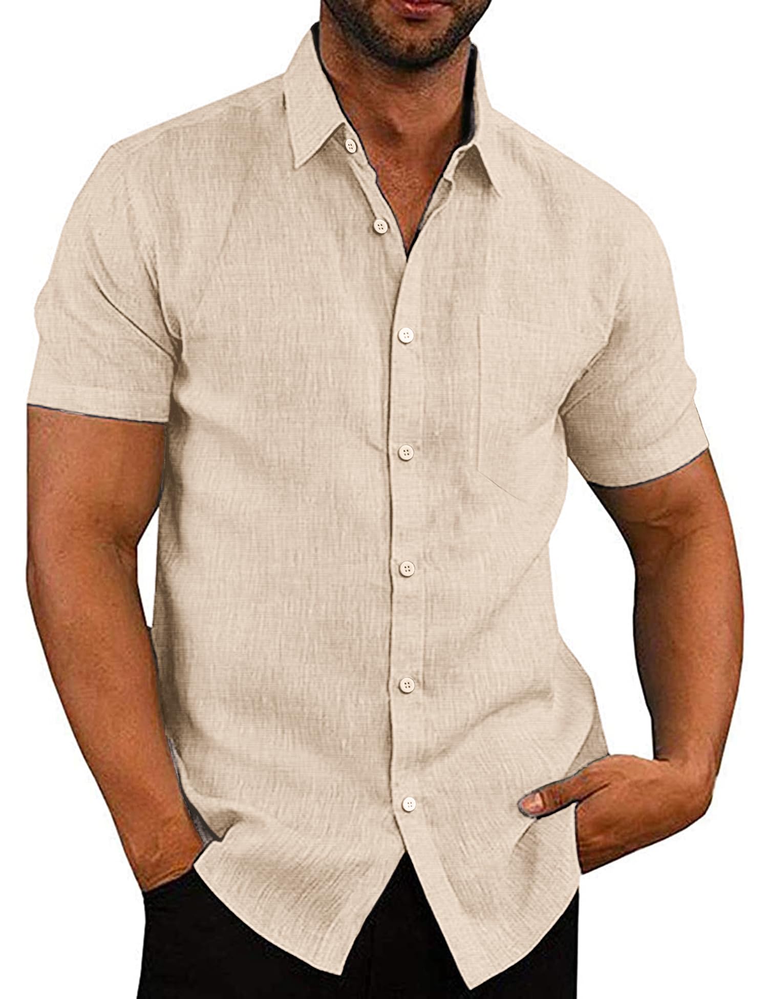 COOFANDY Men's Casual Button Down Shirts Short Sleeve Linen Shirts Summer Beach 