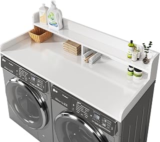BigPonPon 2-Tier Washer and Dryer Countertop with 2.75" H Guard,58" W x 28" D Laundry Countertop Cover with Non-Slip Pad,Large Space Laundry Topper for Folding Clothes Over Washer and Dryer-White