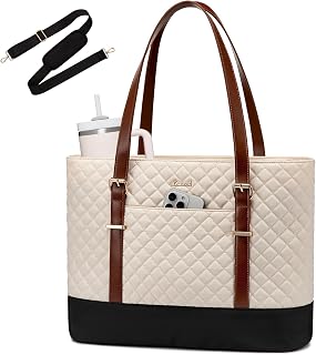 LOVEVOOK Laptop Bag for Women, Work Tote Computer Bag With Large Cup Holder, Lightweight Large Laptop Briefcase, Beige-Brown-Black, 17.3 Inch