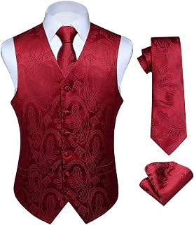 Hisdern Men's Floral Wedding Waistcoat, Tie and Handkerchief Set, Jacquard Waistcoat Suit Set