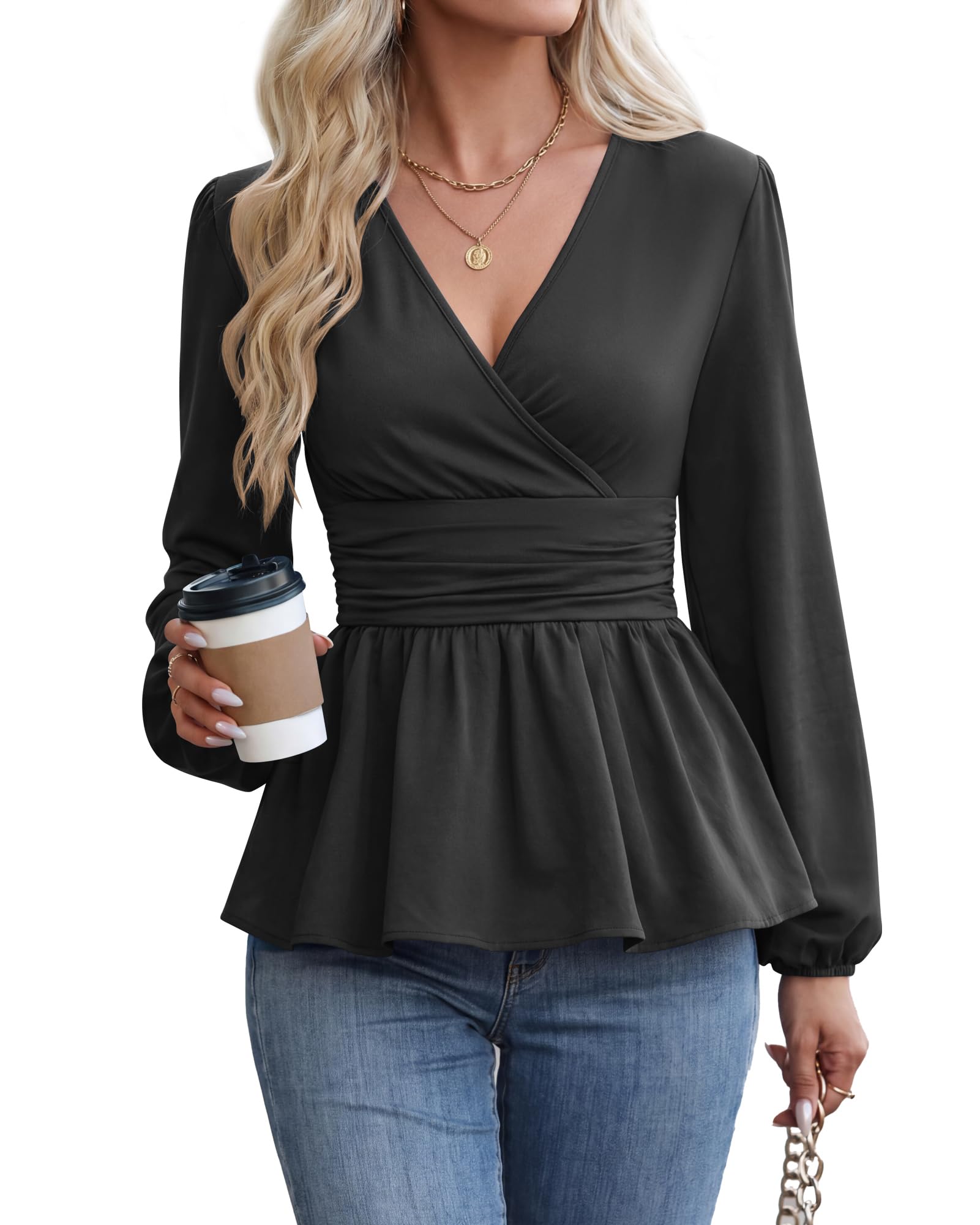 MOLERANI Women Peplum Tops Wrap V Neck Blouses Long Sleeve Shirts