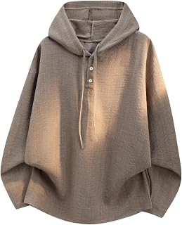 FJLTDCP Men's Hoodie, Long Sleeve, Thin, Cotton-Linen Style, Henley Neck