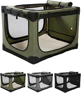 derimkcoa 83 * 64 * 64CM Collapsible Travel Dog Crate, Portable Soft Dog Kennel for Medium Large Dogs up to 27kg, 4-Door Foldable Travel Crate with Durable Mesh & Storage Bag,Green