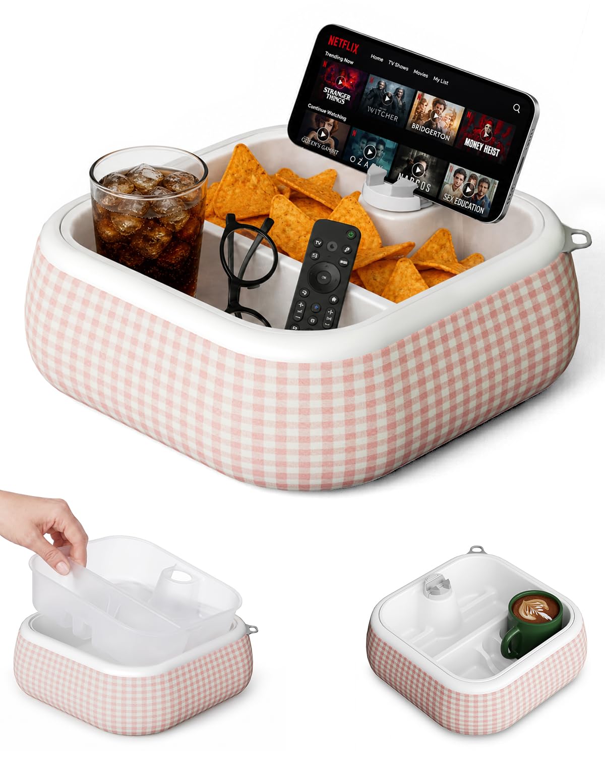 Bedside Caddy with Phone & Kindle Stand, Couch Organizer Tray with Adjustable Ta