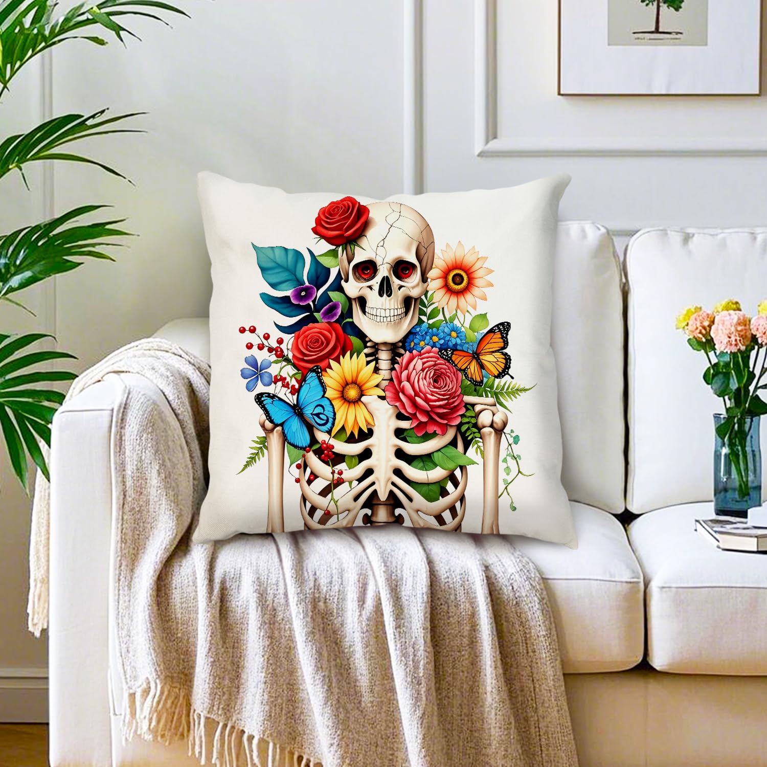 Butterfly Skull Floral Throw Pillow Covers Gothic Gifts Skeleton Accessories Dec